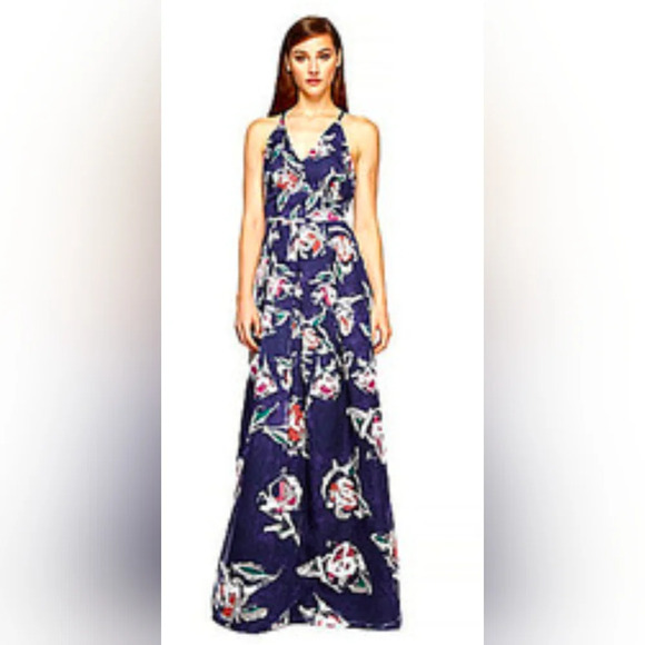 Phoebe by Kay Unger - Blue Floral Silk Bamboo Organza Gown size 2 - Picture 13 of 15